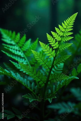 Close-up of giant ferns in the dark, giant plant, dark environment, fresh green