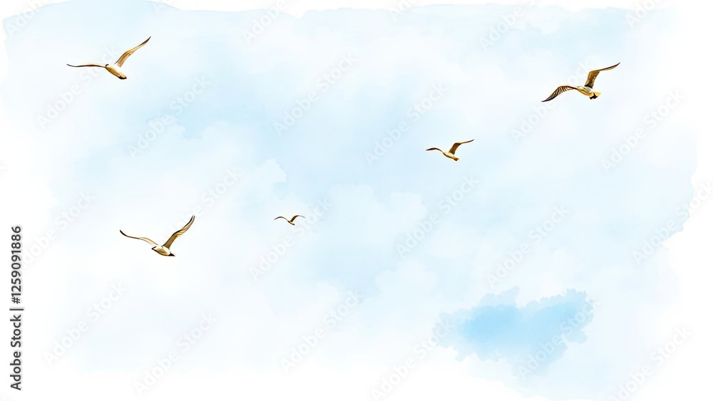 Obraz premium Serene Sky Watercolor Clouds Birds in Flight Nature Background