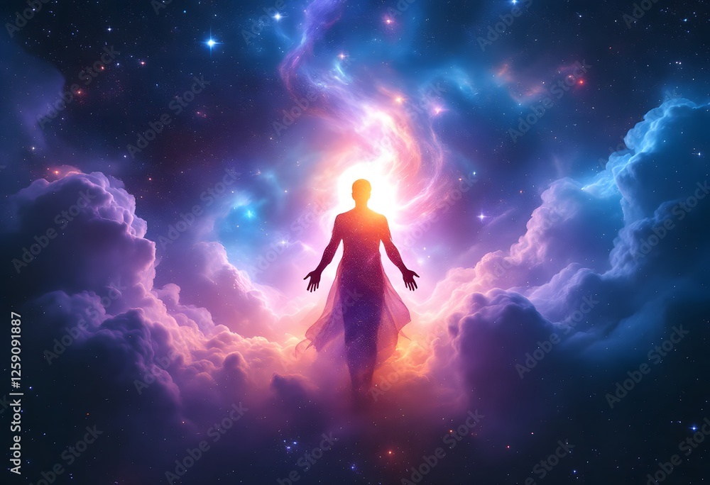 Figure Ascending Through Cosmic Clouds, Ethereal and Spiritual Journey Concept Figure Ascending Through Cosmic Clouds, Ethereal and Spiritual Journey Concept