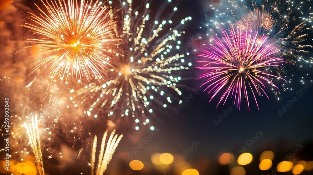 Fototapeta premium Dynamic and festive fireworks bursting in various colors and shapes creating a magical atmosphere at nighttime celebrations : Generative AI