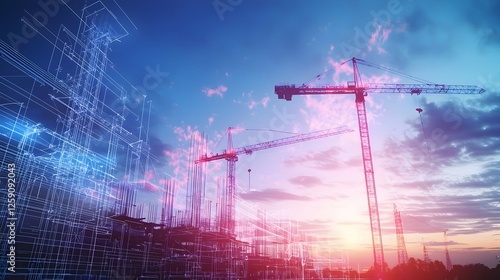 Construction Crane Silhouette at Sunset Over Cityscape