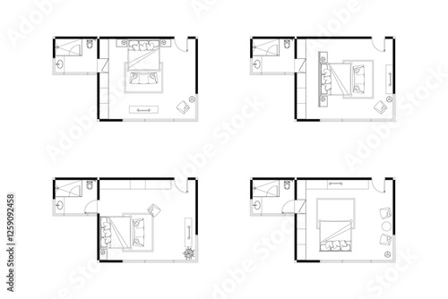 2 dimension of layout furniture options of bedroom with bathroom interior design plan of top view, black lines on white background, isolated. Set 35