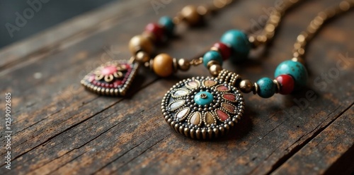 Close-up shot of unique handmade jewelry with bold patterns and textures on a rustic wooden table, texture, accessory photo