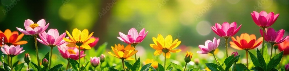 Naklejka premium Colorful flowers blooming in the garden on a sunny spring day, spring, illustration, botanical