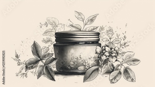A detailed black and white illustration of a glass skincare jar surrounded by botanical elements, evoking a vintage and organic aesthetic. AI generated.