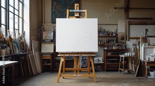 Blank canvas on easel in artist's studio. photo