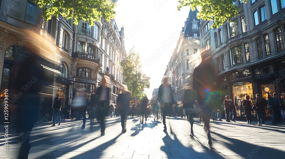 Naklejka premium Timeless City Street Life with Blurred Movement at Sunset : Generative AI