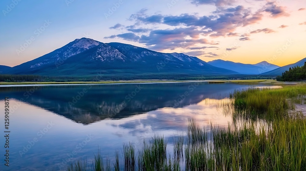 Stunning Landscape of Mountain Reflection on Serene Lake at Twilight with Colorful Clouds : Generative AI Stunning Landscape of Mountain Reflection on Serene Lake at Twilight with Colorful Clouds : Generative AI