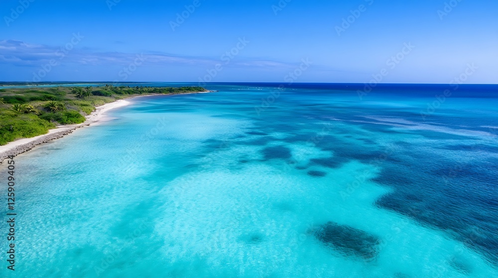 Fototapeta premium Aerial View of Pristine Tropical Beach with Clear Blue Water and Sandy Shoreline : Generative AI