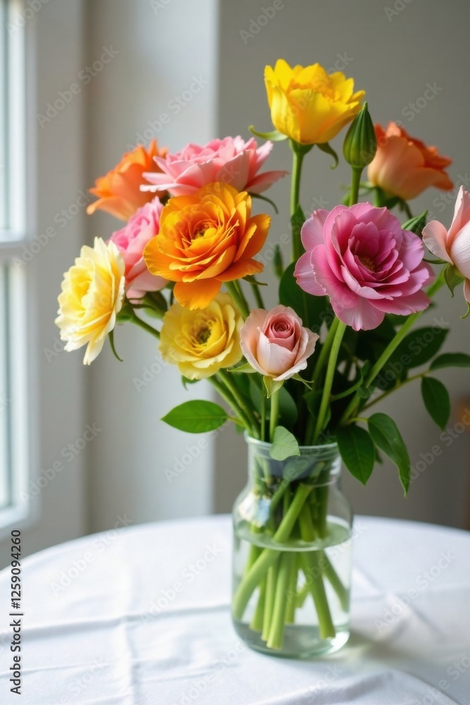 Colorful bouquet of flowers on white tablecloth, wedding decoration, flowers, arrangement Colorful bouquet of flowers on white tablecloth, wedding decoration, flowers, arrangement