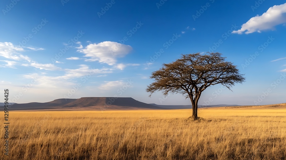 Isolated Tree on a Golden Savannah Landscape Under a Bright Blue Sky : Generative AI Isolated Tree on a Golden Savannah Landscape Under a Bright Blue Sky : Generative AI