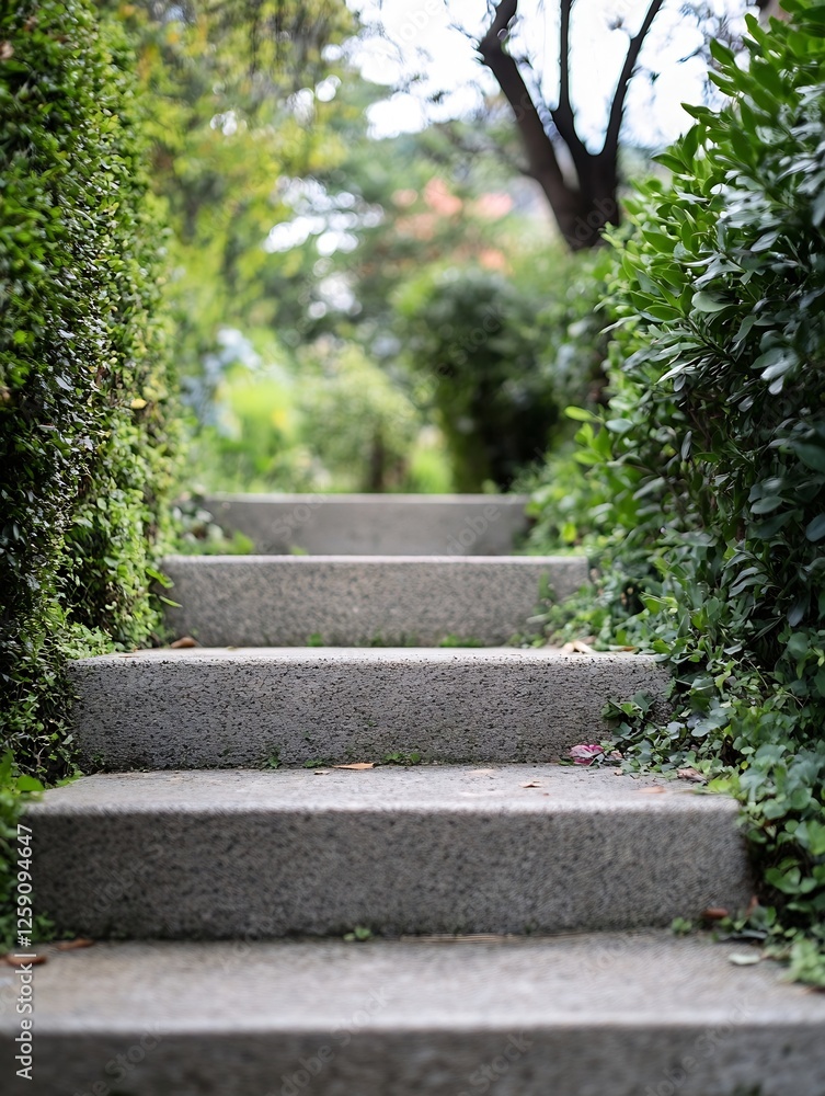 Serene Outdoor Stairs Surrounded by Lush Greenery Leading Upwards : Generative AI