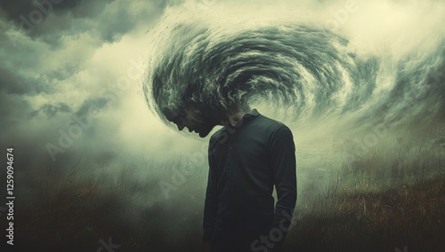 Melancholy man, swirling clouds, stormy landscape, contemplation photo