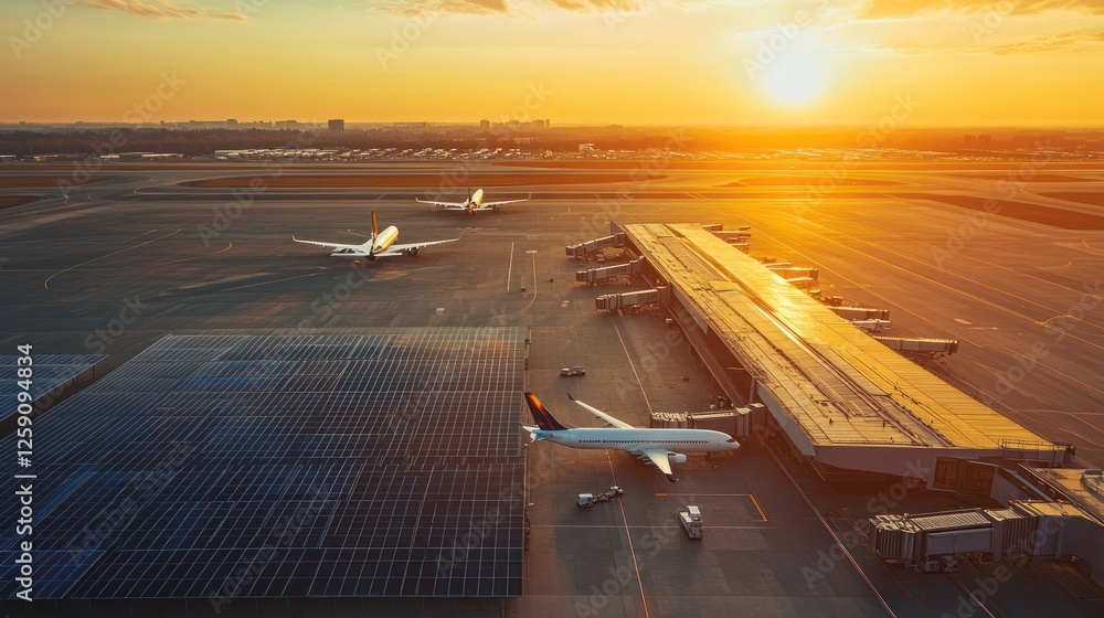 Fototapeta premium Sunset view of airplanes at airport terminal with solar panels.