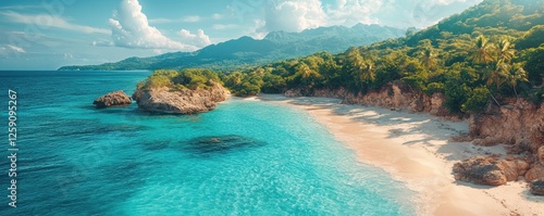 A Serene View of a Tropical Beach with Turquoise Waters and Lush Greenery Under a Vibrant Sky, Capturing the Tranquility and Natural Beauty of an Idyllic Coastal Paradise