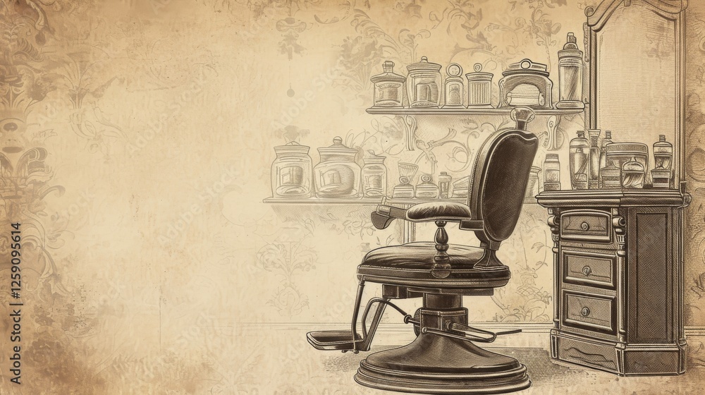A detailed vintage-style illustration of a classic barbershop interior, featuring an antique barber chair, ornate furniture, and grooming tools in sepia tones. AI generated.