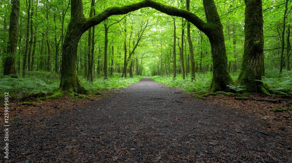 Forest path arching trees, nature trail, lush green canopy, tranquil background, scenic travel