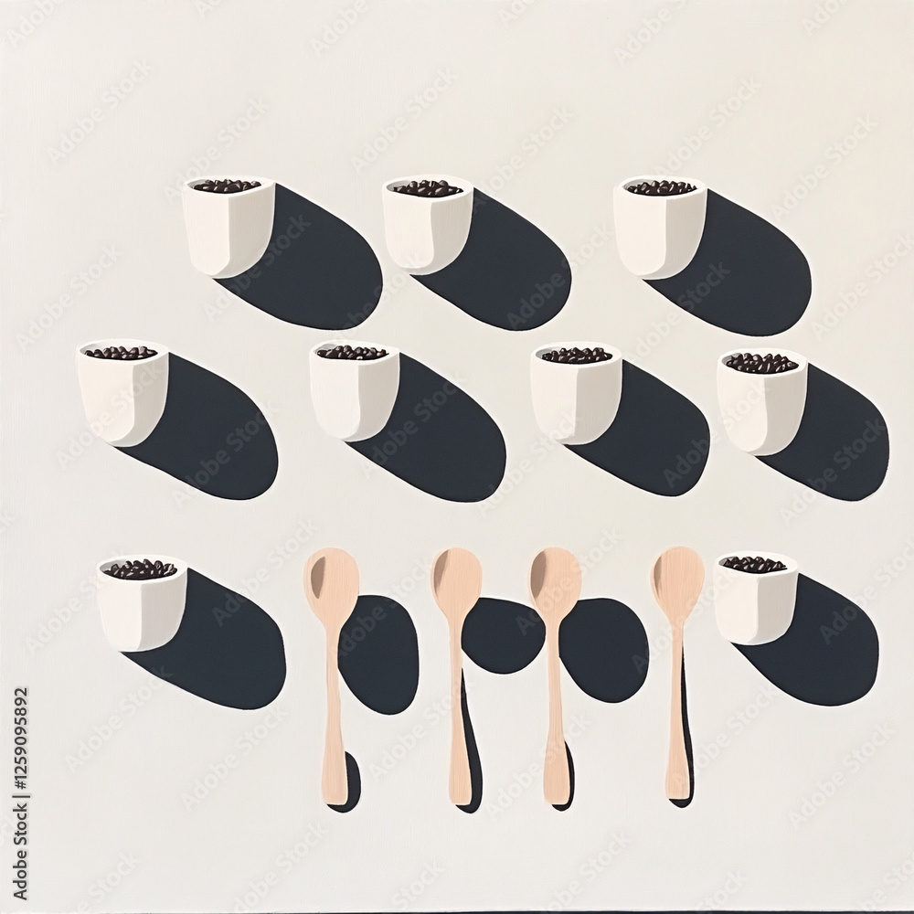 custom made wallpaper toronto digitalGeometric arrangement of bean-filled cups and wooden spoons, casting strong shadows on a light surface.