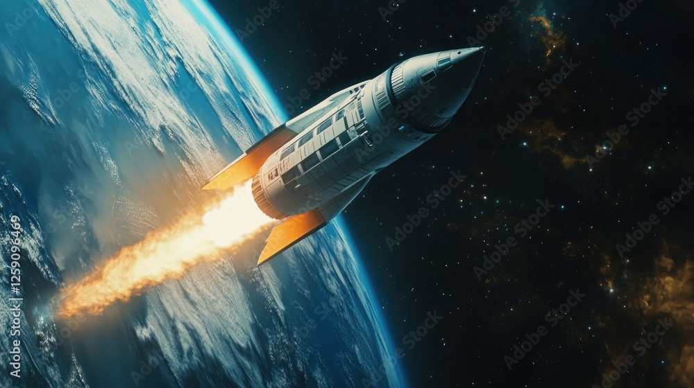 Naklejka premium Rocket launching into space above Earth.