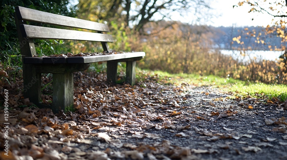 Scenic autumn view of a rustic wooden bench surrounded by fallen leaves in a park : Generative AI Scenic autumn view of a rustic wooden bench surrounded by fallen leaves in a park : Generative AI