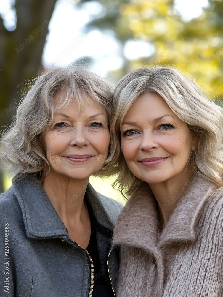 Two graceful mature women smiling together in a serene outdoor setting showcasing friendship and connection : Generative AI Two graceful mature women smiling together in a serene outdoor setting showcasing friendship and connection : Generative AI