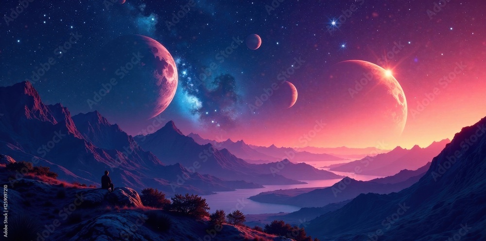 Cosmic Landscape with Shooting Stars and Planets, cosmic, astronomical, space Cosmic Landscape with Shooting Stars and Planets, cosmic, astronomical, space