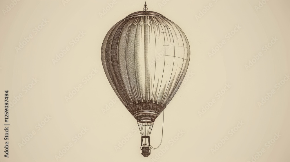 A beautifully etched vintage hot air balloon with ornate details and classical rigging, capturing the essence of early aviation and exploration in a timeless artistic style. AI generated.