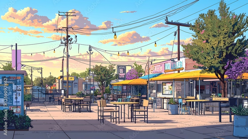 Sunset City Street Scene with Food Stalls and Tables Sunset City Street Scene with Food Stalls and Tables