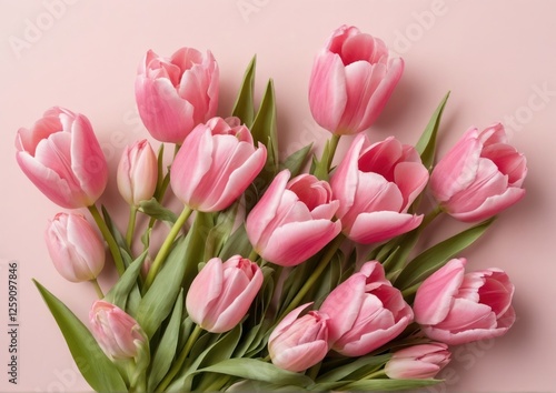 Pink Tulips on Pink Background with Copy Space for Business Design. Perfect for spring-themed business cards, website banners, feminine brand marketing materials. photo