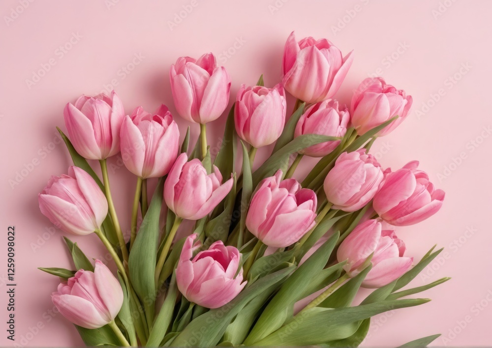 Obraz premium Pink Tulips on Pink Background with Copy Space for Business Design. Perfect for spring-themed business cards, website banners, feminine brand marketing materials.