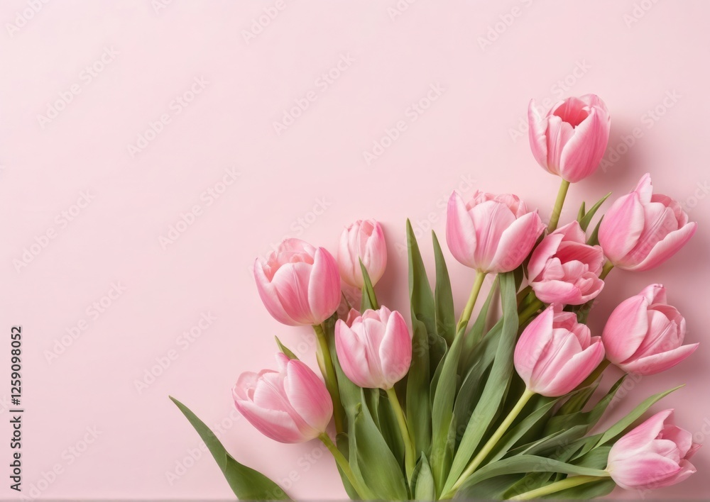 Fototapeta premium Pink Tulips on Pink Background with Copy Space for Business Design. Perfect for spring-themed business cards, website banners, feminine brand marketing materials.