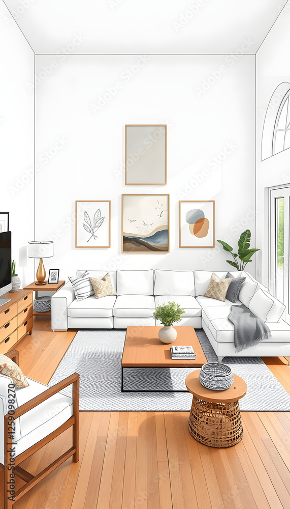 Fototapeta premium Cosy and stylish interior design of living room with modular white sofa, wooden furnitures, paintings on the wall, decorations, windowsill and personal accessories. Home styling. Template, one line 