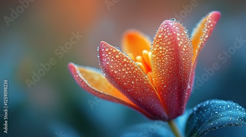 Close-up of a Vibrant Orange Flower Petal with Dewdrops in a Tranquil Garden Setting, Showcasing Nature's Intricate and Delicate Beauty at Dawn