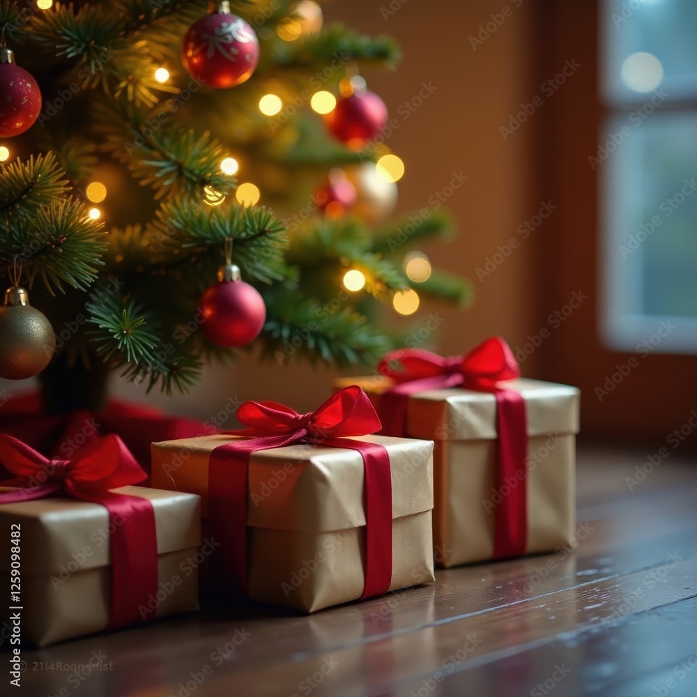 Wrapped presents under twinkling Christmas tree, fir, xmas Wrapped presents under twinkling Christmas tree, fir, xmas