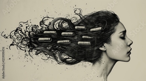 A black and white surreal illustration of a woman with long, flowing hair interwoven with capsules. A striking visual metaphor for mental health, medication, and modern struggles. AI generated.