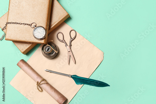 Old paper sheet with books,...