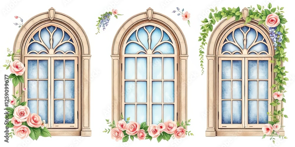 Obraz premium Elegant Arch Windows with Roses Vines Floral Design Home Decor