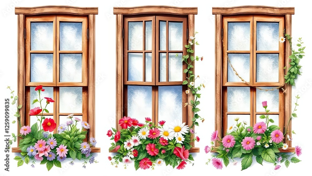 Charming Wooden Windows with Blooming Flowers Spring Garden Scene Charming Wooden Windows with Blooming Flowers Spring Garden Scene