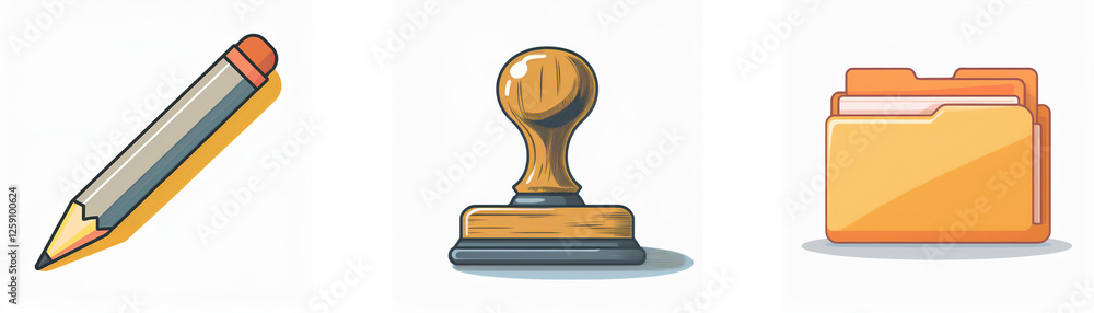 A pencil, a stamp, and a folder are depicted as office icons. These represent writing, official authorization, and document organization, all set against a white background. A pencil, a stamp, and a folder are depicted as office icons. These represent writing, official authorization, and document organization, all set against a white background.