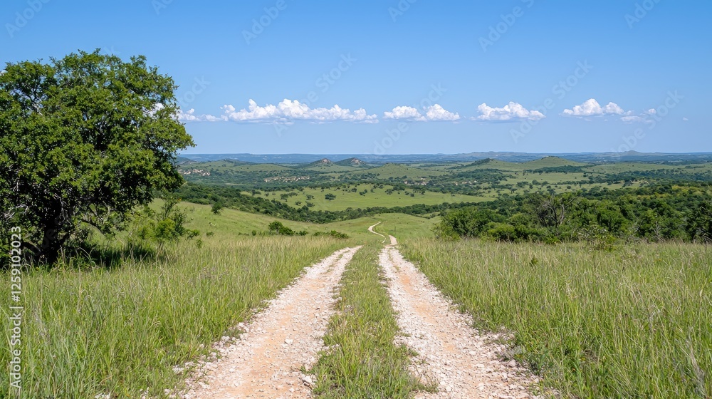 Country road through grassy hills under a clear sky. Scenic view. Possible use Stock photo for travel, landscape, nature, or tourism Country road through grassy hills under a clear sky. Scenic view. Possible use Stock photo for travel, landscape, nature, or tourism