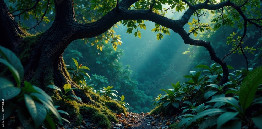 Dark foliage with twisted branches and large exotic leaves in a dimly lit environment , foliage, forest Dark foliage with twisted branches and large exotic leaves in a dimly lit environment , foliage, forest