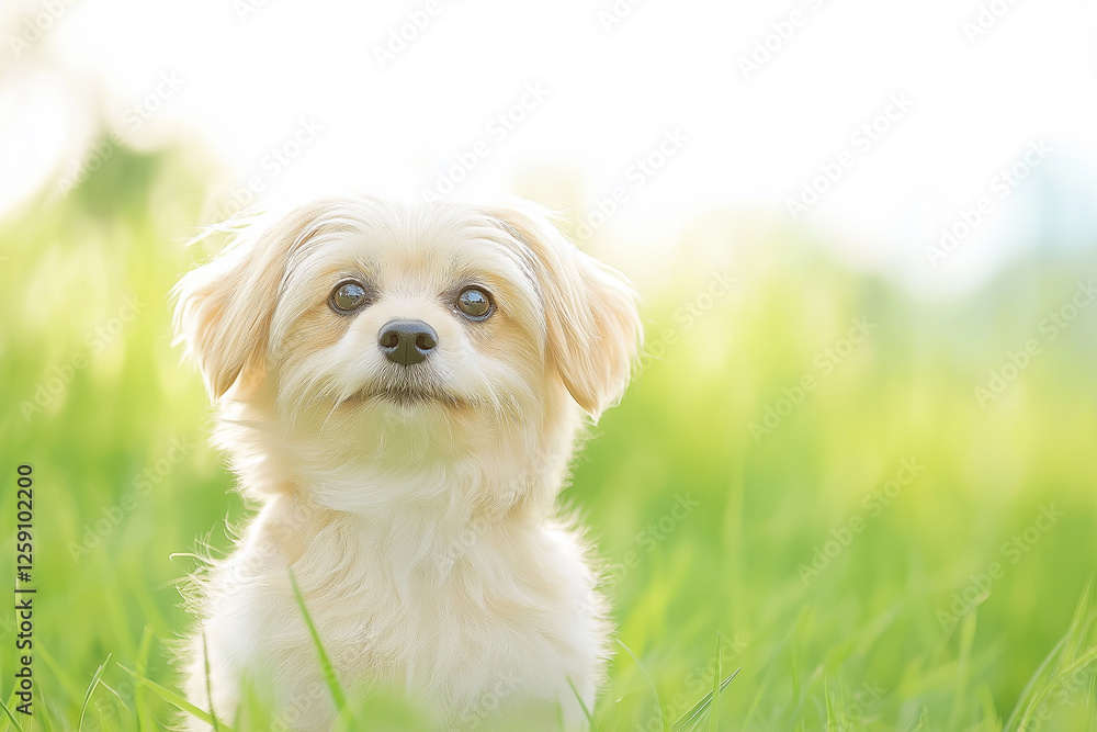 Maltese Puppy Dog Fluffy Cute Pet Canine in Grass Garden, Small and Adorable Portrait Maltese Puppy Dog Fluffy Cute Pet Canine in Grass Garden, Small and Adorable Portrait
