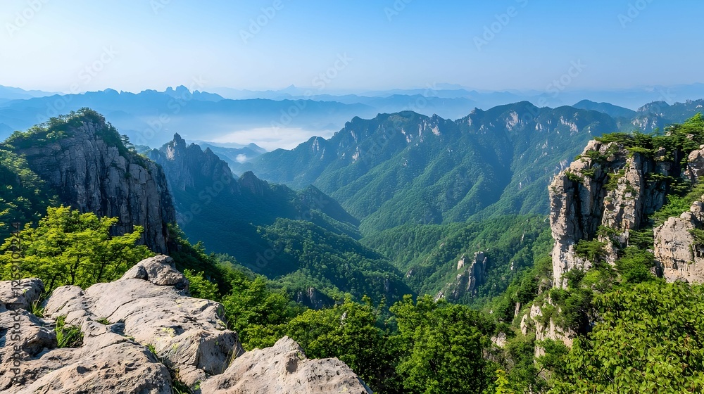 Panoramic View Of Mountainous Valley With Lush Forest And Foggy Distance Panoramic View Of Mountainous Valley With Lush Forest And Foggy Distance
