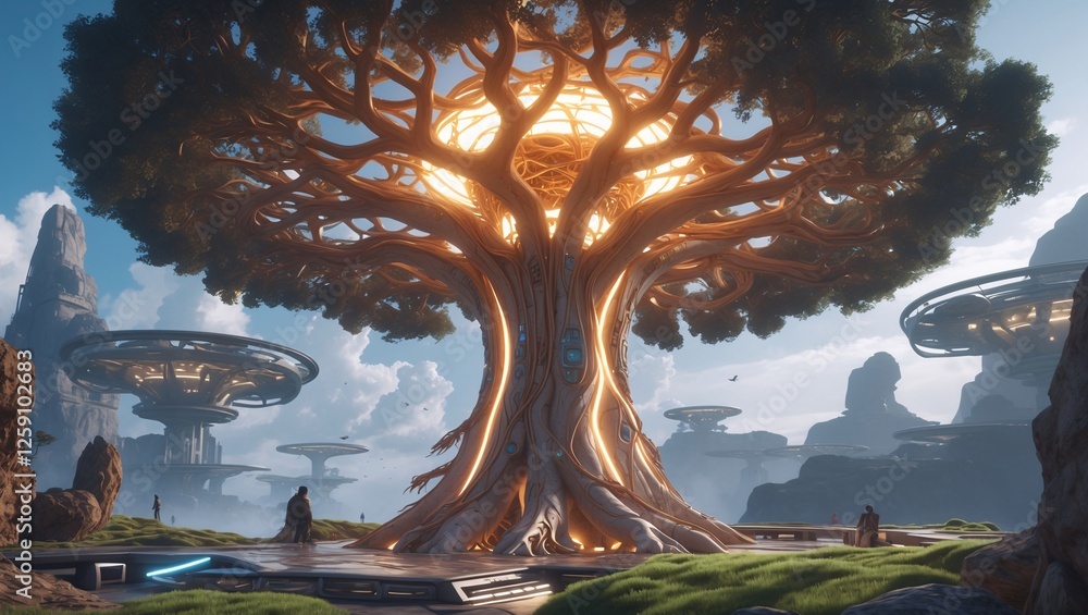 Fototapeta premium Enchanted arboreal realm featuring a luminous, colossal tree surrounded by floating islands under a serene sky at twilight