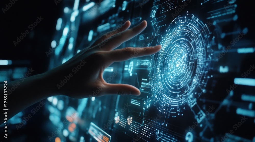 Obraz premium Hand interacting with futuristic holographic interface. (1)