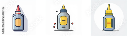 Cartoonish image displays three glue bottles with pointy applicator caps.  The bottles are gray with yellow labels and have different colored caps.