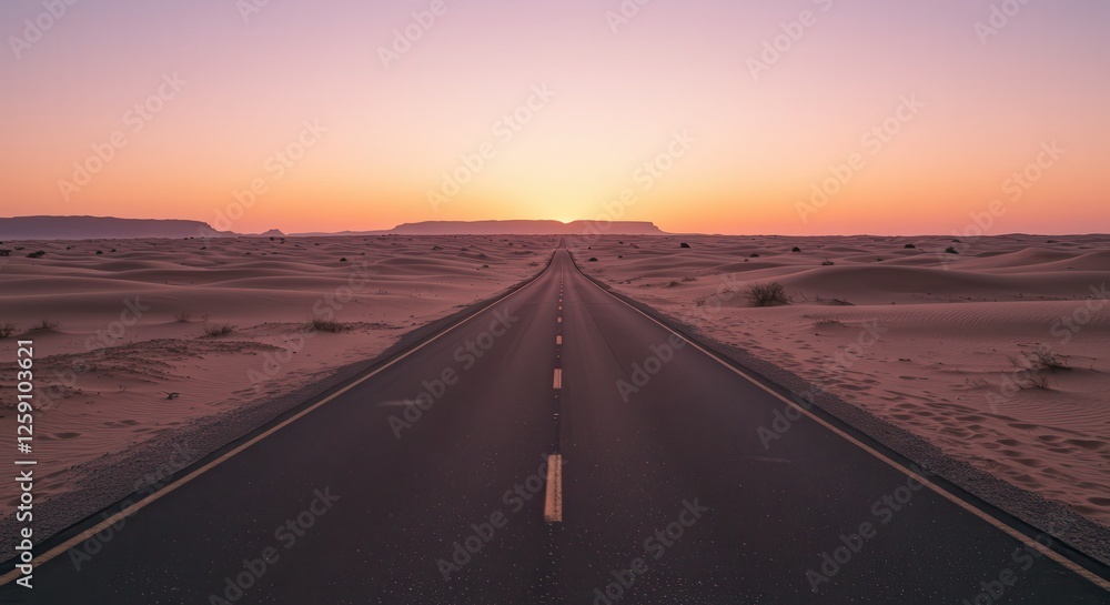 Fototapeta premium Desert Road Leading to Sunset Creates Travel and Adventure Theme