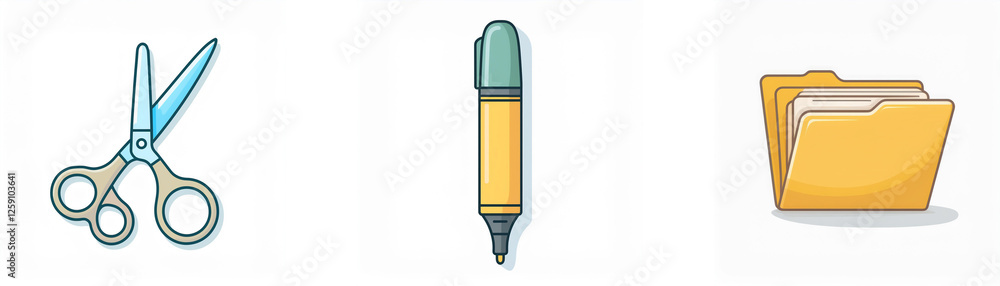 Icons depicting scissors, a pen, and a folder are presented. These tools are commonly used for cutting, writing, and organizing files. Icons depicting scissors, a pen, and a folder are presented. These tools are commonly used for cutting, writing, and organizing files.