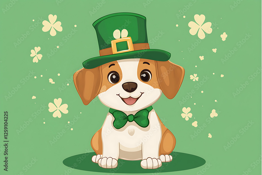 Cheerful cartoon dog wearing a green hat and bow tie, surrounded by clovers on a festive background Cheerful cartoon dog wearing a green hat and bow tie, surrounded by clovers on a festive background
