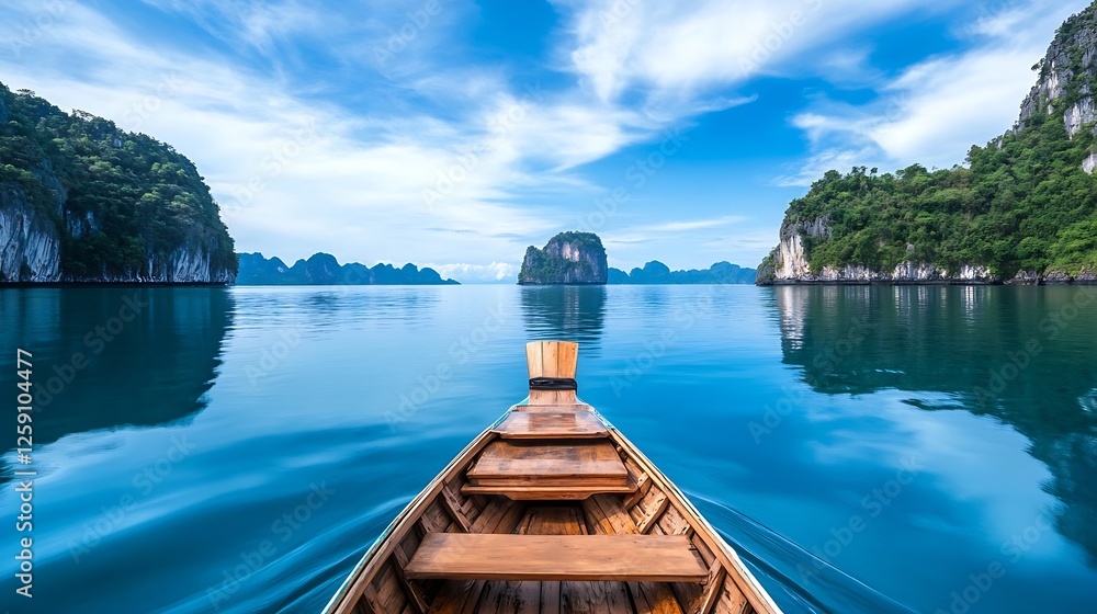 Serene tranquil view from a wooden boat on calm blue waters surrounded by beautiful lush green hills : Generative AI Serene tranquil view from a wooden boat on calm blue waters surrounded by beautiful lush green hills : Generative AI